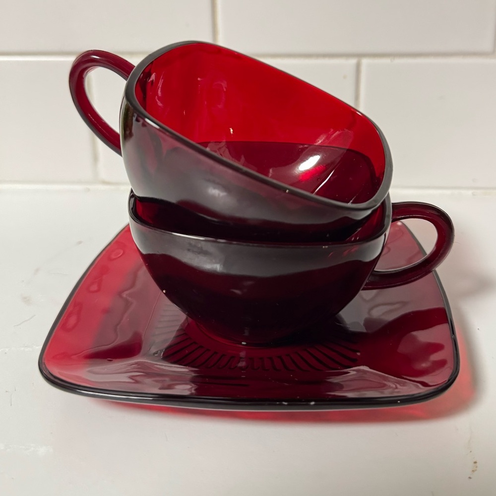 Anchor hocking Ruby Red charm Glass Teacup and Saucer Set